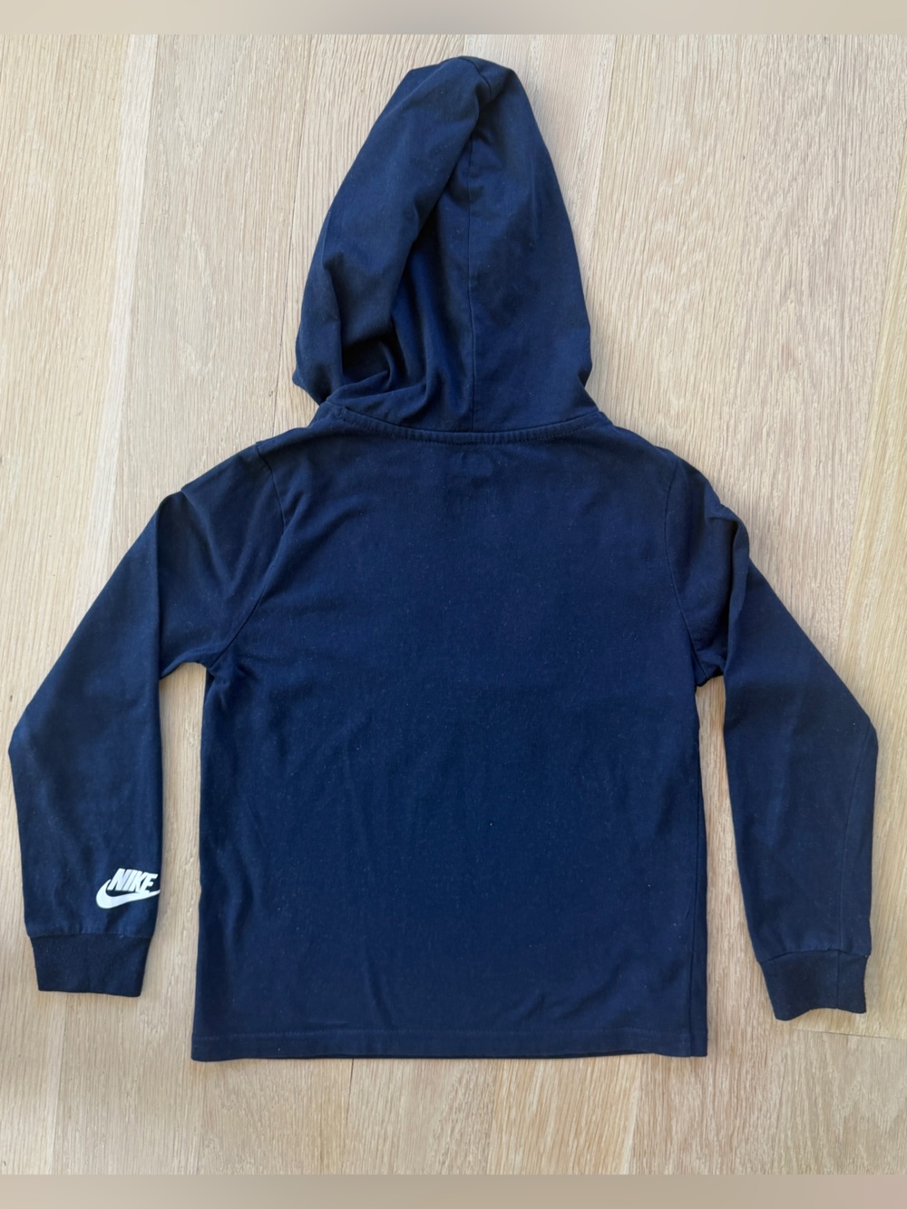 Nike Kids Navy Long Sleeve T-Shirt with Hood -Blue & Yellow Swoosh - Size 7 - Picture 2 of 3